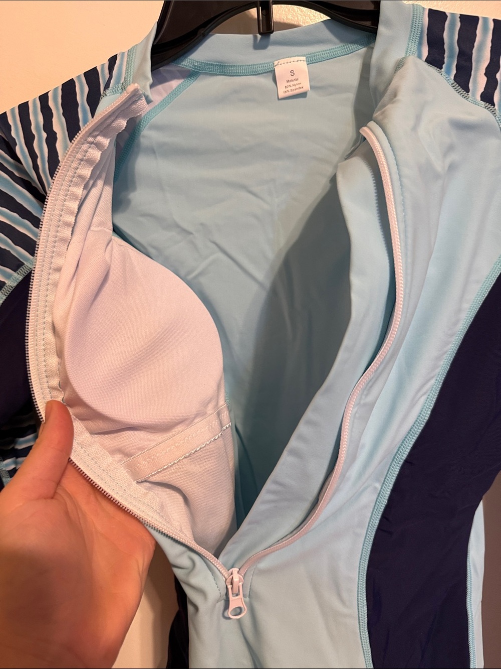 Women’s Long Sleeve One-Piece Rash Guard Swimsuit in Light Blue & Navy - Picture 4 of 7